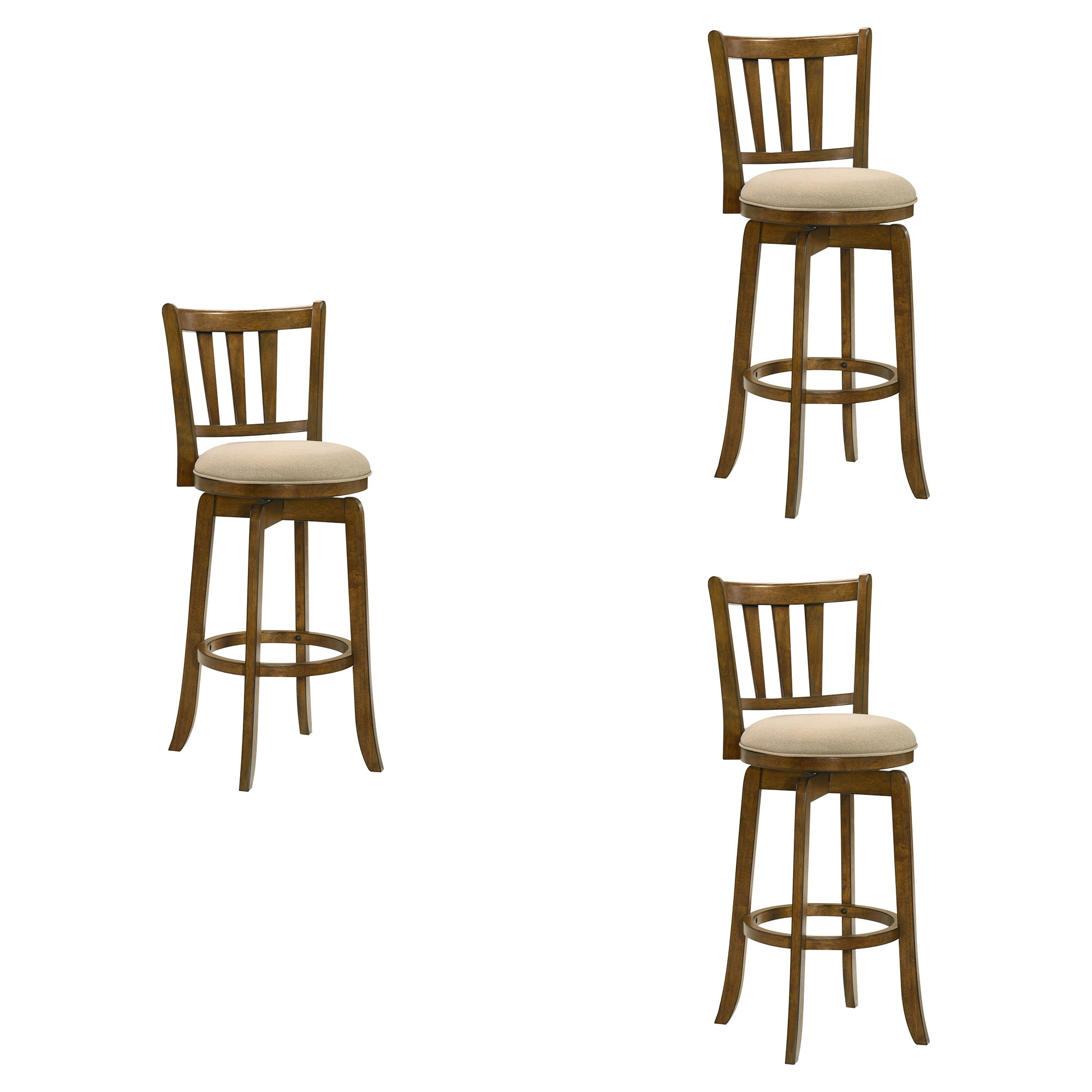 Wren Modern Farmhouse Swivel Wood Bar Height Kitchen Bar Stool in Sepia Brown Finish with Light Scone Fabric Upholstered Seat - Set of 3
