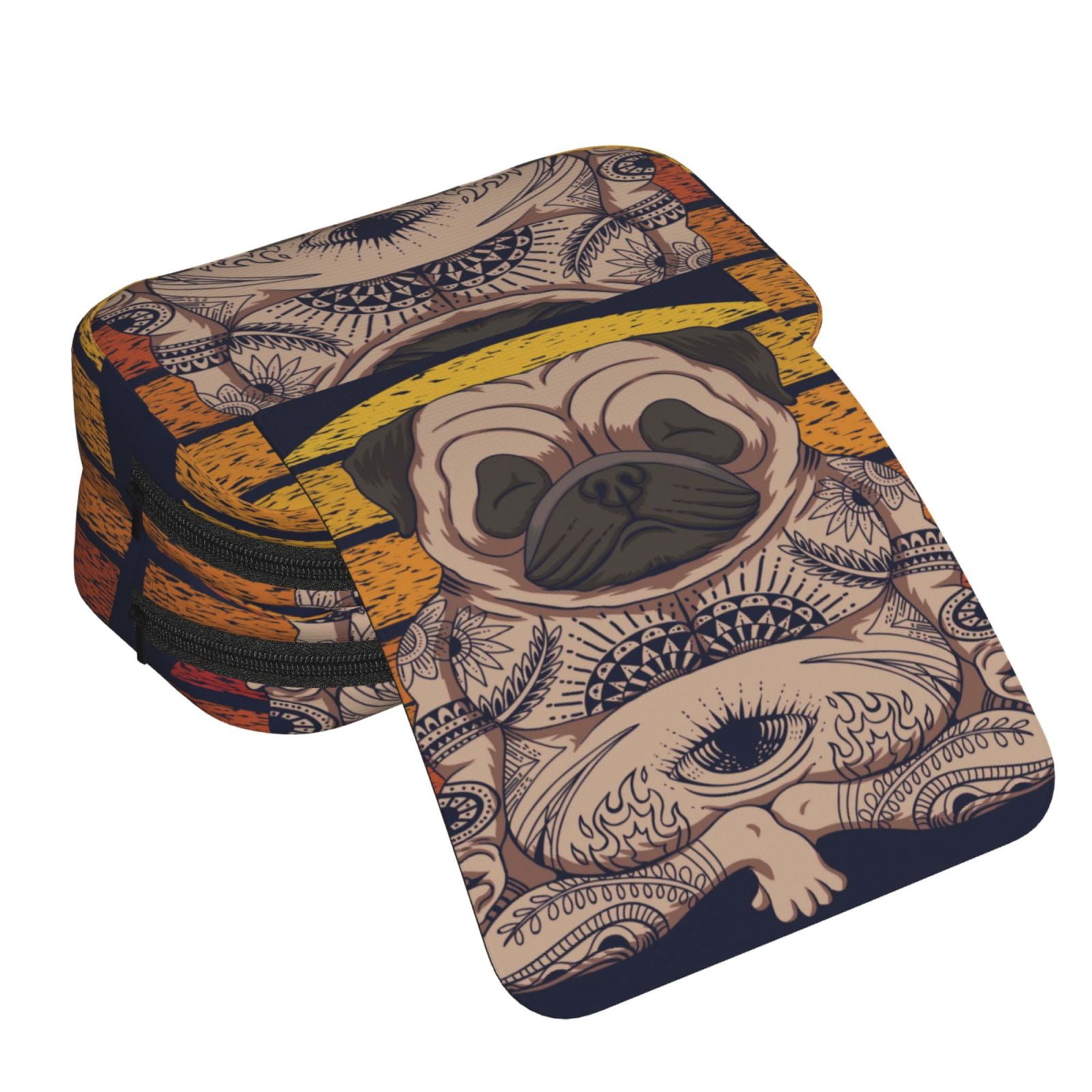 Rateoe Pug dog Yoga Pattern Double Clamshell Pen Case, Storage Organizer with Two Zipper Compartments– Holds Up to 50 Pencils & Pens