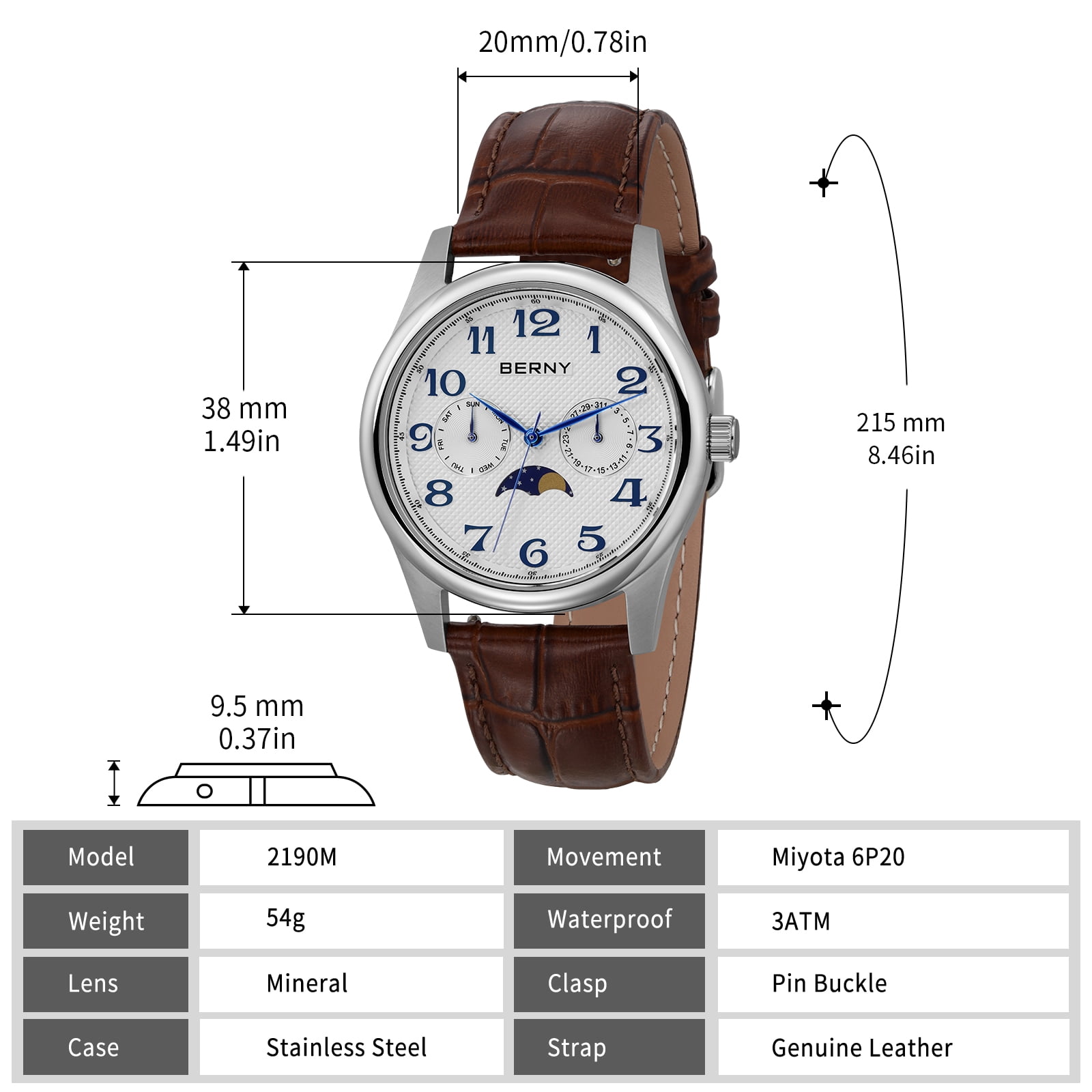 BERNY Dress Watches for Men, MultiFunction Leather Watch with Moon Phase, Day & Date Calendar, Stainless Steel Case, Easy to Read, Waterproof, Classic Analog Quartz Wrist Watch (White)