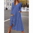 thumbnail image 4 of Vestido Maxi Bohemio de Algodón para Mujer, con Escote en V, Larga, Fluido, para Playa, con Bolsillos y Botones Azul Oscuro S, 4 of 9