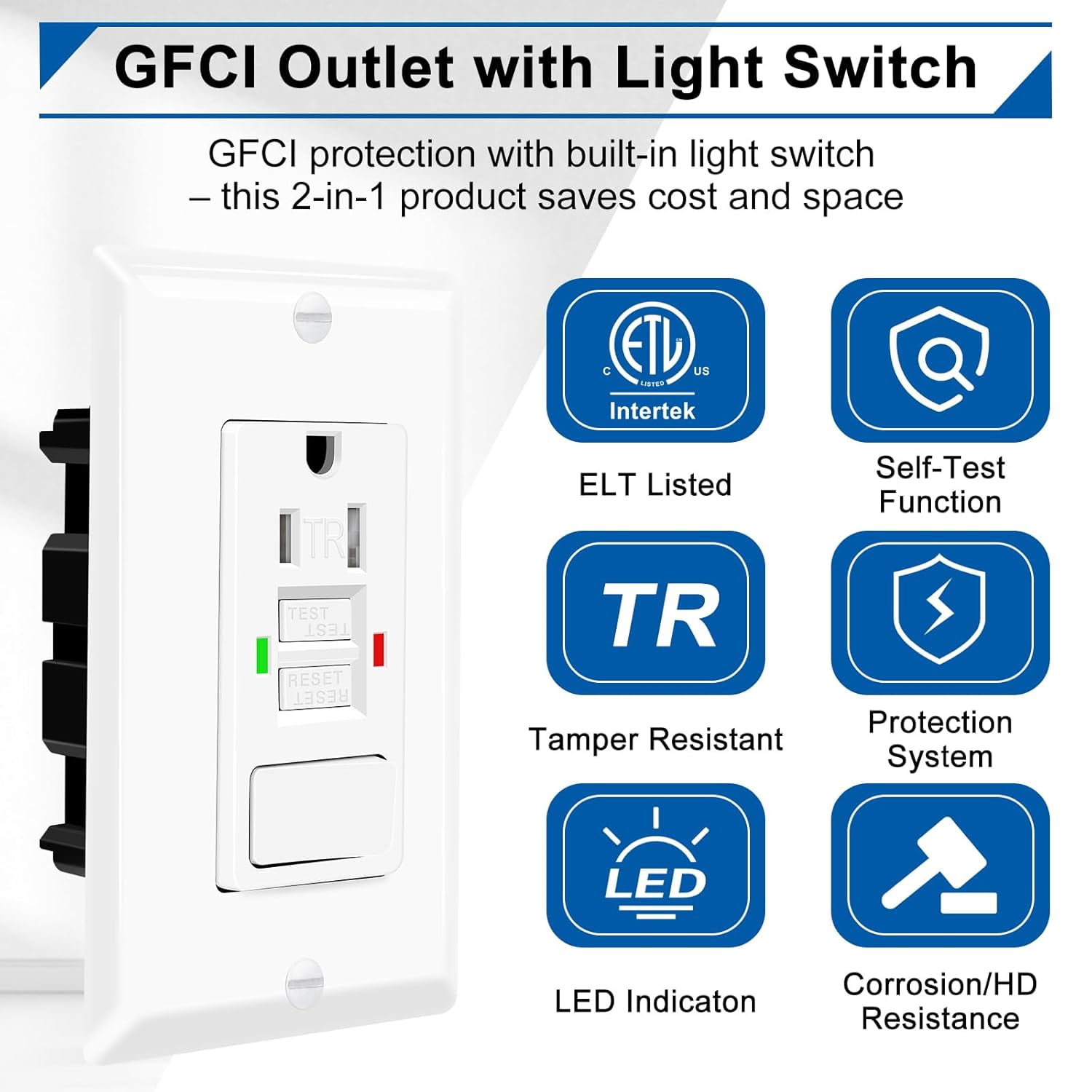 3 Pack GFCI Outlet with Light Switch - 15 Amp Tamper-Resistant Self-Test GFI Switch Combo, LED Indicator, Ground Fault Circuit Interrupter, ETL Listed, White