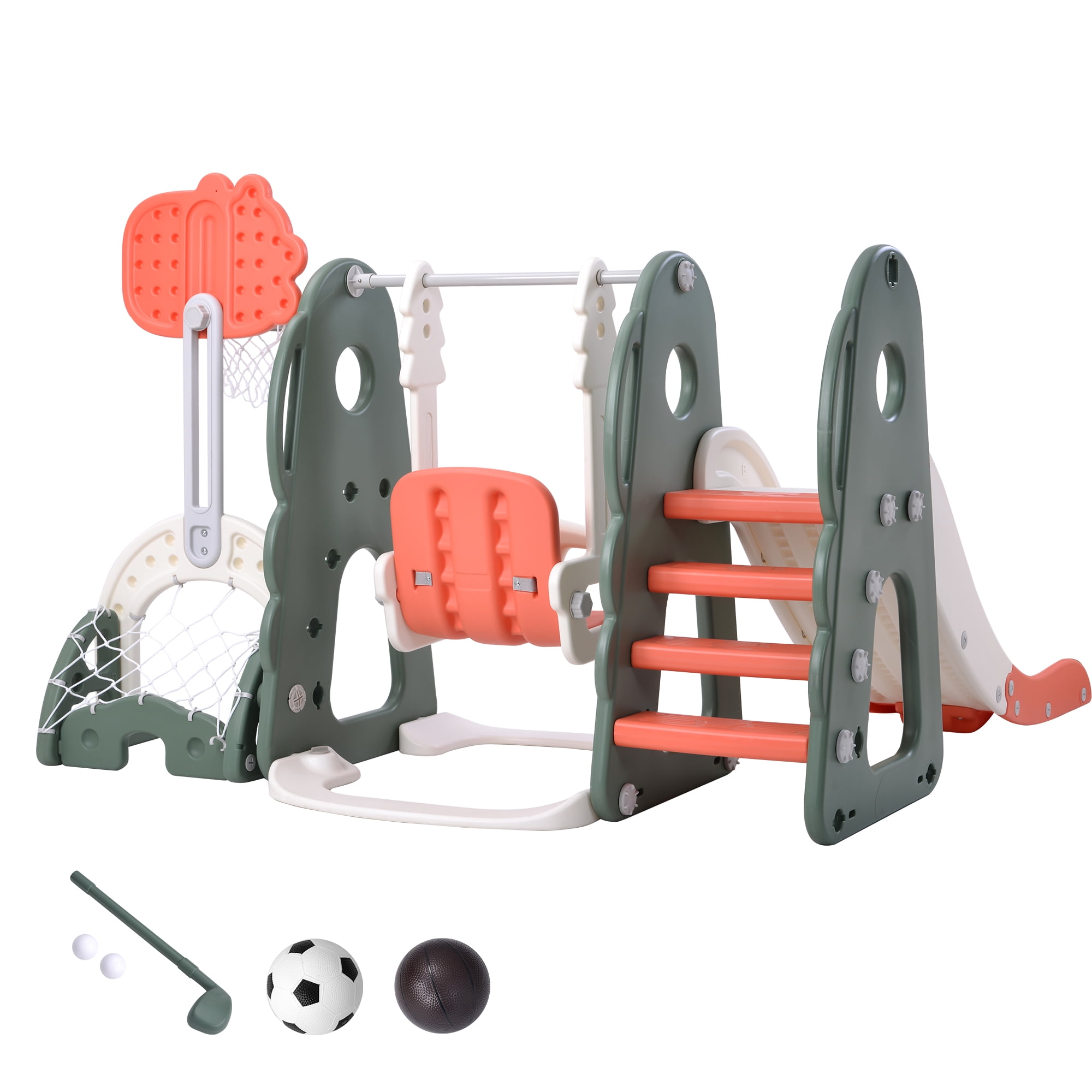 EUROCO 6 in 1 Toddle and Swing Set with Adjustable Swing and Slide Height, Rocket Swing Set with Basketball Stand