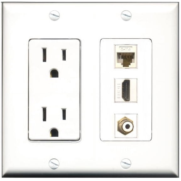 RiteAV - 15 Amp Power Outlet 1 Port HDMI 1 Port RCA White 1 Port RCA Yellow Decorative Wall Plate