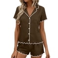 thumbnail image 2 of DYTTDG Solid Color Pajama Set for Women Short Sleeve Flouncing Cuff Shirt with Short Pajama Pant Set Soft Button Down & Drawstring, 2 of 6