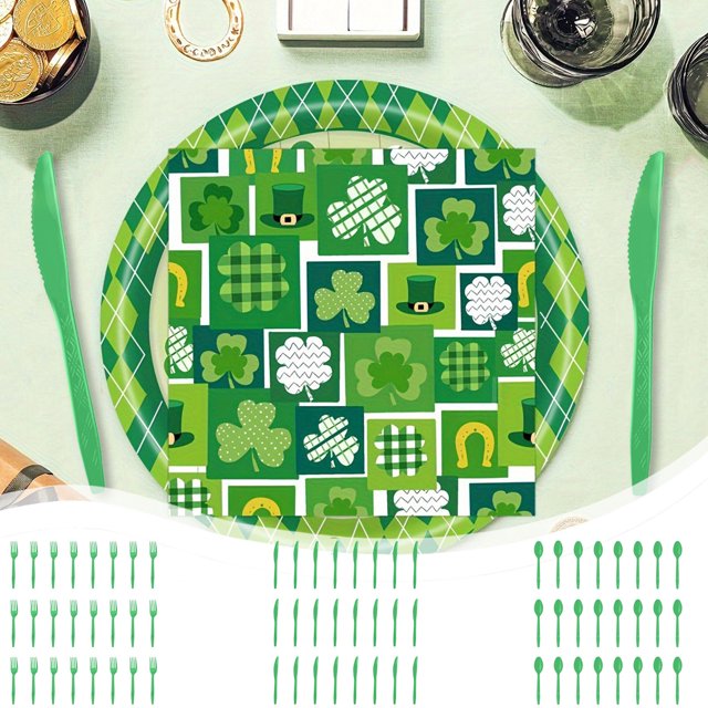 Xihbxyly Vajilla para El Día de San Patricio, Cuchillos, Tenedores y Cucharas Desechables Ecológicos, Material Sostenible, Solución Práctica para Fiestas, Multiusos, Juego de 24 Piezas, Fácil de Limp