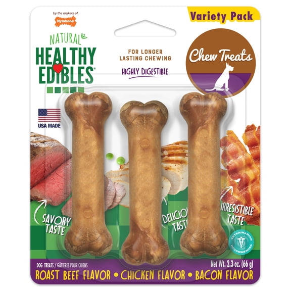 Nylabone Healthy Edibles All-Natural Long Lasting Chew Treats Roast Beef, Chicken & Bacon X-Small (3 Count)