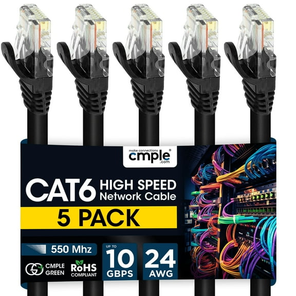 Cmple - 5 Pack Cat6 Ethernet Cable 15 ft, High Speed Cat6 Internet Network Cord, Ethernet Patch Cables, Computer LAN Wire with Snagless RJ45 Connectors - Black