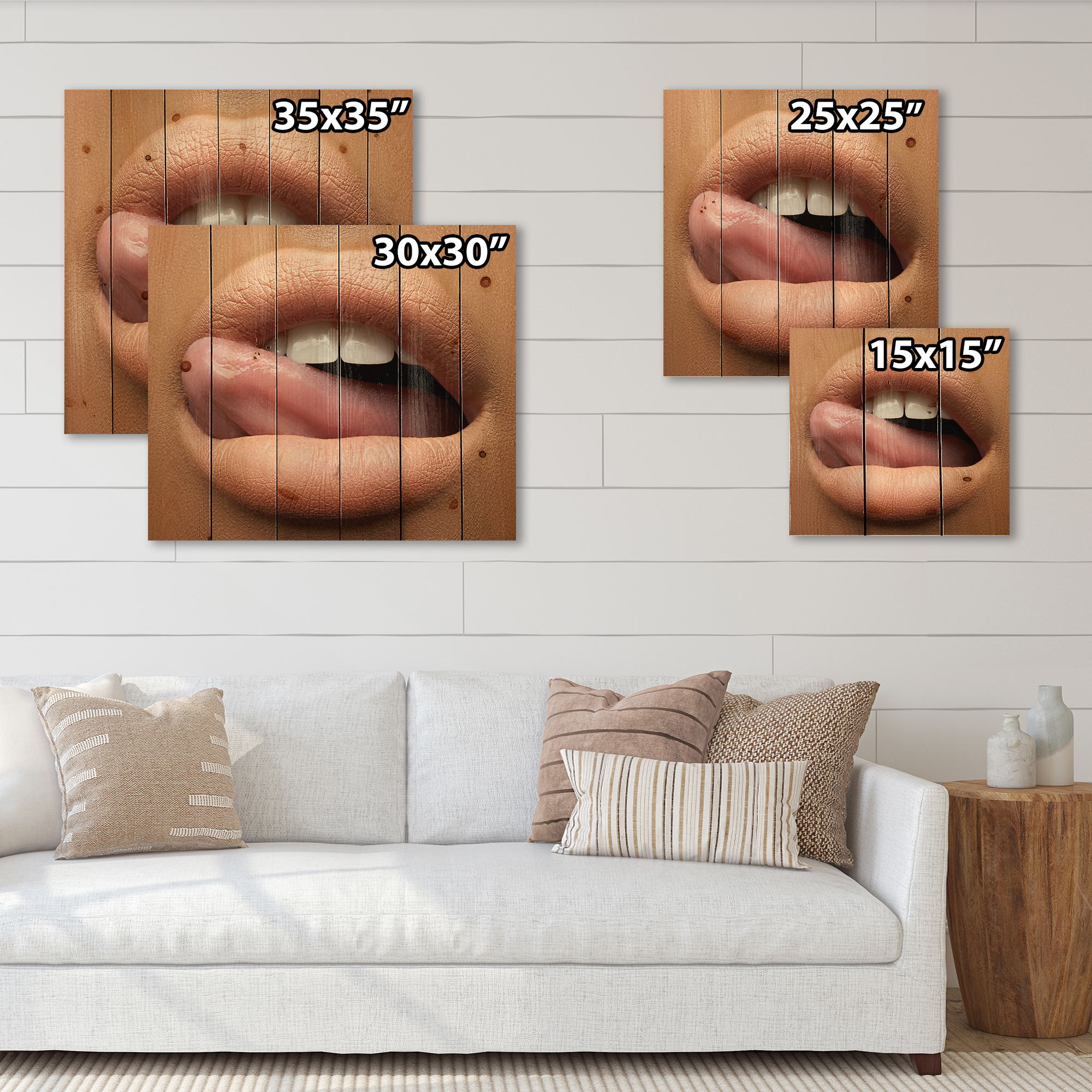 Designart 'Beautiful Dark Skinned Female Tongue Touching Lips' Modern Print on Natural Pine Wood
