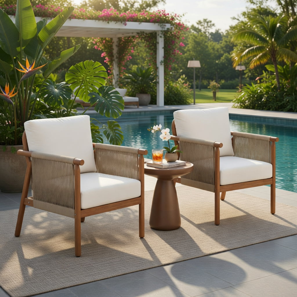 Hommoo Acacia Wood Patio Chair with Woven Rope Armrests, Outdoor Dining Chair for Backyard, Balcony, Porch, Ergonomic 106° Recline, White