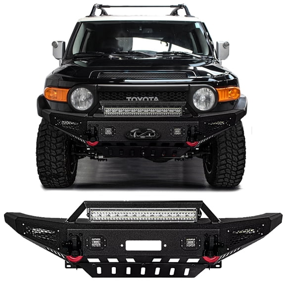 Vijay Compatible with 2007-2008-2009-2010-2011-2012-2013-2014 Toyota FJ Cruiser Front Bumper Textured Black Steel with Lights and D-rings