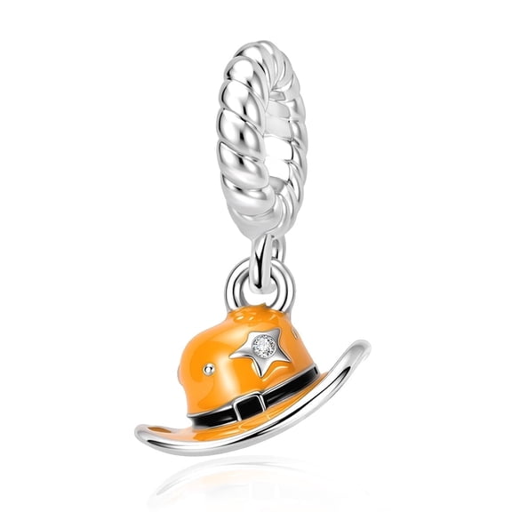 925 Sterling Silver Orange Sheriff Cowboy Hat Dangle Charm For Bracelets & Bangle Pendant Jewelry