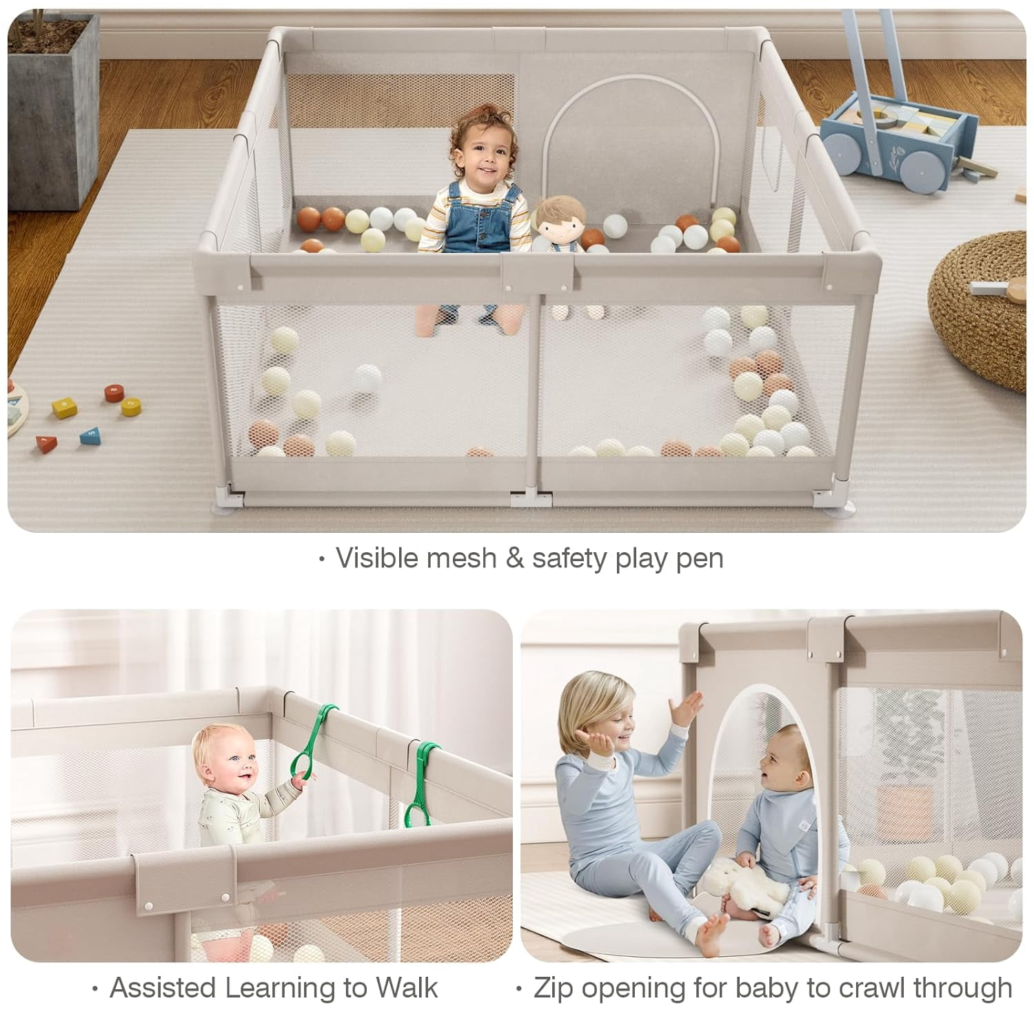 NimbleRest 47"x47" Large Baby Playpen， Play yard Fence for Toddlers, Gray