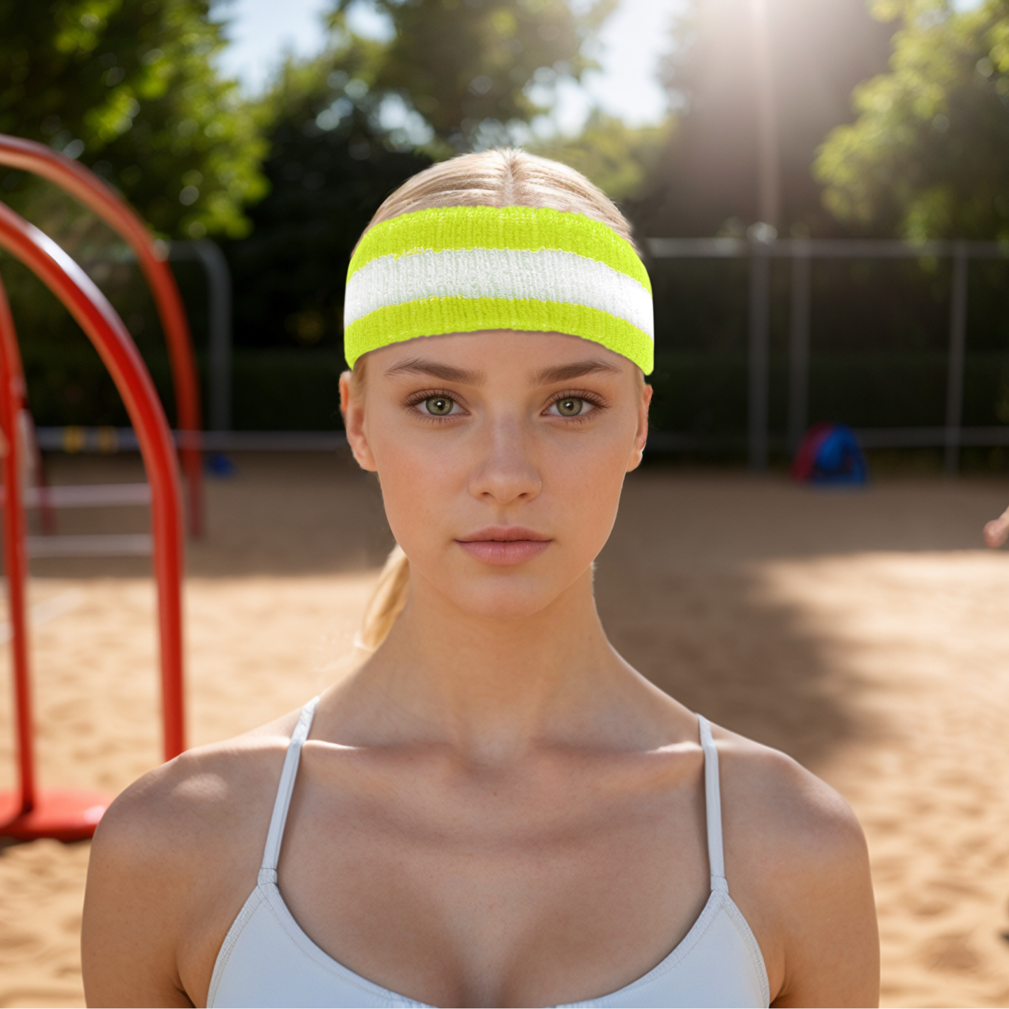 Unique Bargains 3Pcs Headband with Wristband Sweat Headband Fluorescent Green White