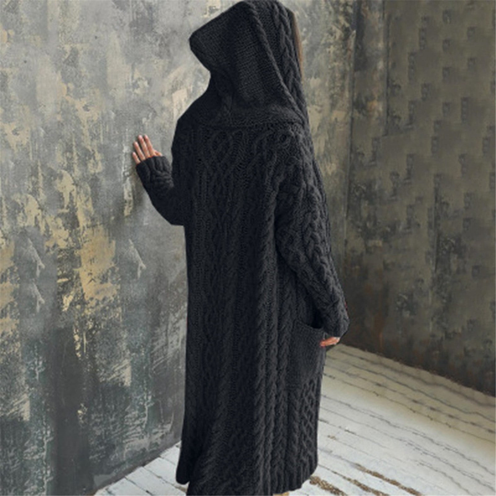 KDFJPTH Coat Solid Solid Sweater Winter Long Knitted Pocket Loose Women Cardigan Hooded Women's Coat 4x Sweater for Women plus Size Sweater Hoodie Women
