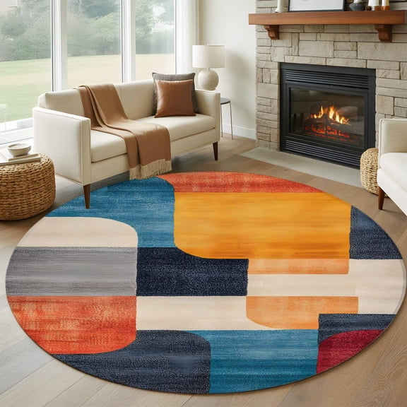 Colorful Block Round Rug 5ft Washable Circle Kitchen Rugs Non Slip Vintage Abstract Art Geometric Large Area Rug Indoor Floor Carpet for Bedroom Living Room Home Office Dining Room Nursery