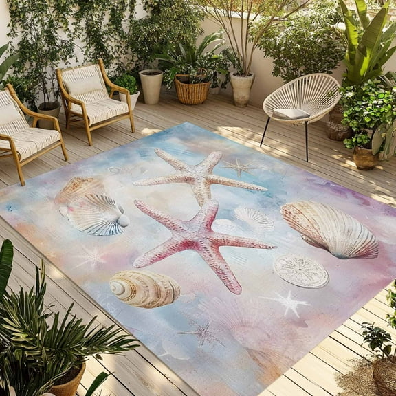 Fsddascl Summer Coastal Outdoor Rug for Patio/Deck/Porch, Non-Slip Large Area Rug 5 x 8 Ft, Starfish Shell Beach Nautical Colorful Indoor Outdoor Rugs Washable Area Rugs, Camping Rug Carpet