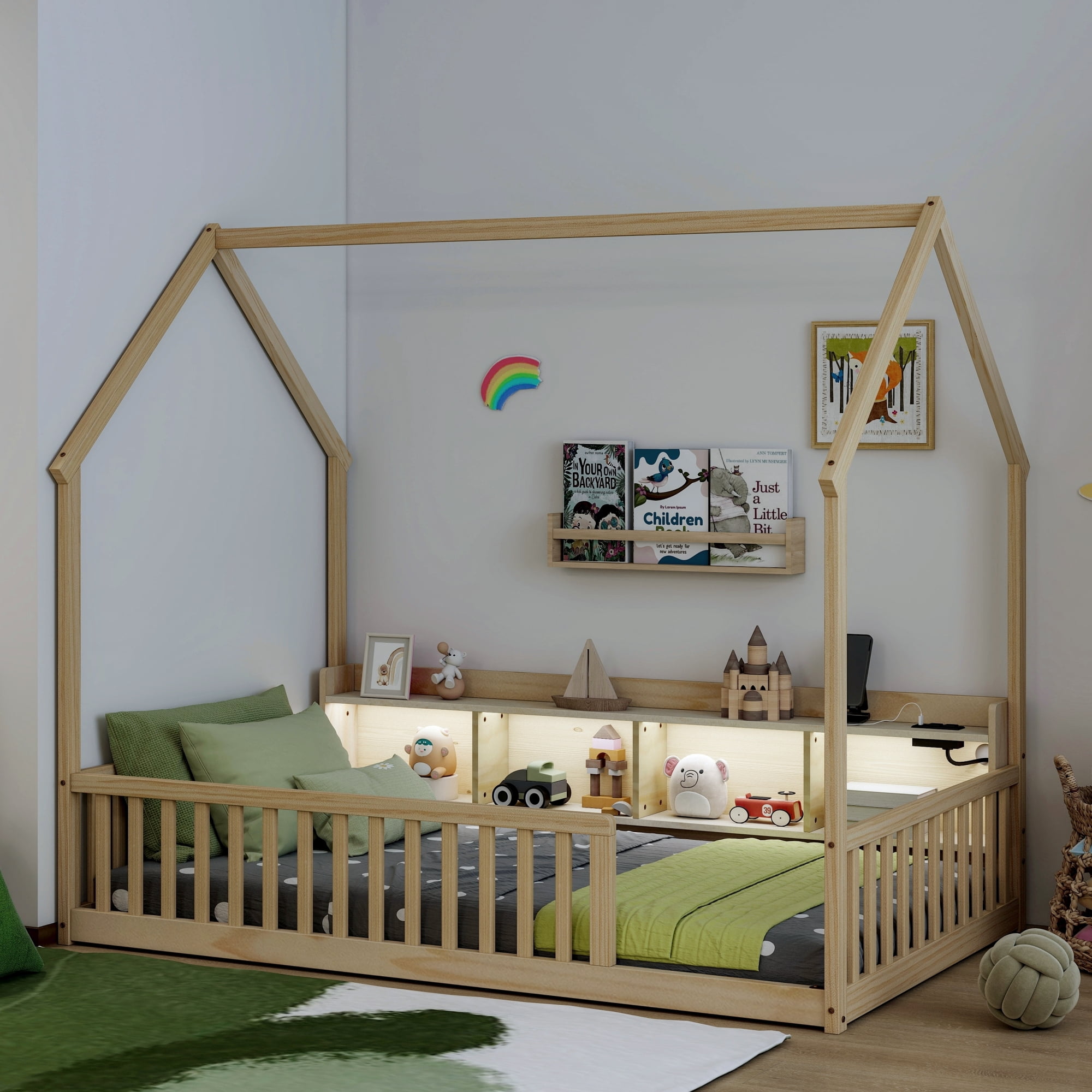 Leumius Twin Size House Floor Bed with Storage Shelves,Built-in LED Lights & Charging Station,Pine Wood Floor Bed Frame with Safety Guardrails for Kids Bedroom Natural
