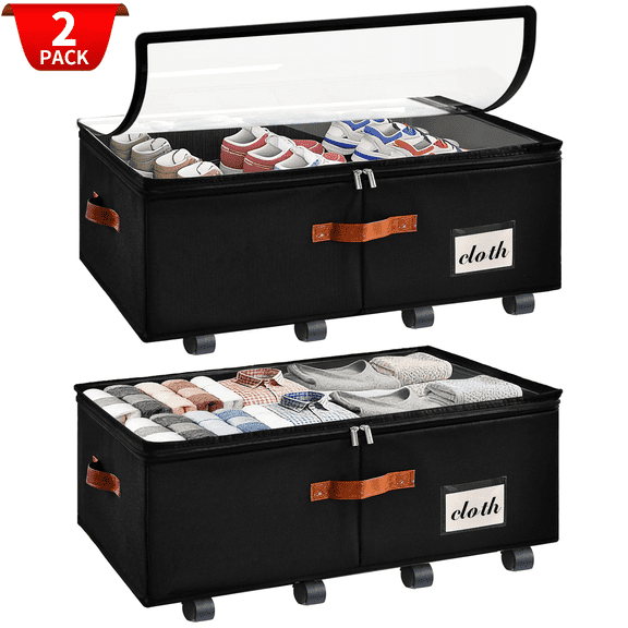 VOZOGO 2 Pack Under Bed Storage Containers with Wheels Under Bed Organizers and Storage Bins with Clear Lid and Handles Under the Bed Drawers for Sheets, Blanket, Clothing, Sweaters, Pillows