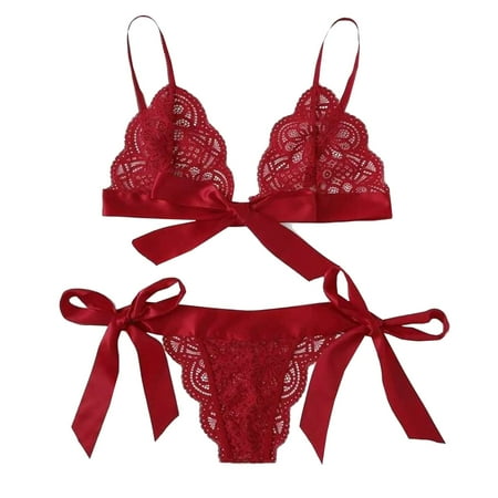 Lingerie Sets For Women Sexy Scalloped Side Bow Floral Lace Trim Tie Bra Underpant Set Red Lingerie Red XXL