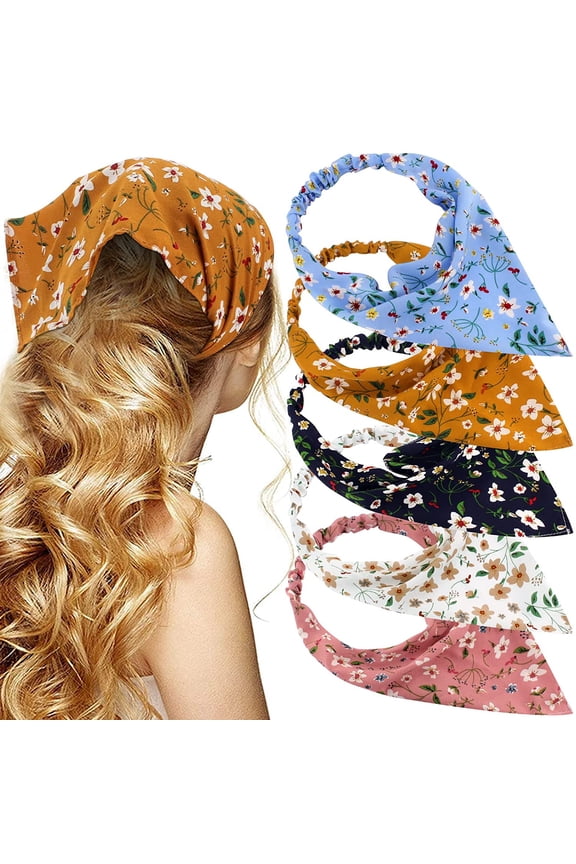 5PCS Floral Elastic Hair Bandanas Scarf Headband Chiffon Head Kerchief Floral Printed Turban Boho Headbands Hair Bandanas for Women Girls Hair Accessories