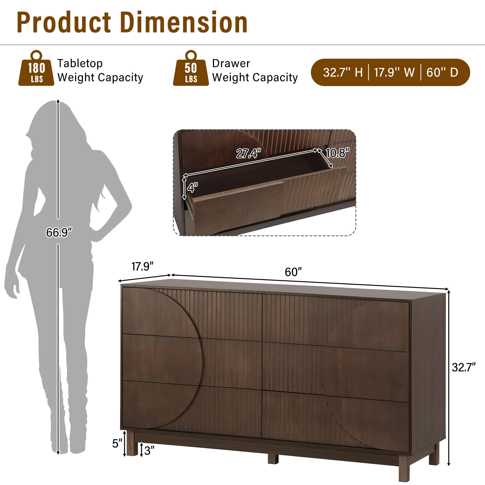 Alvantor 6 Drawer Dresser, 60" Wide Wooden Chest of Drawers with Upgraded Stable Base, Fluted Dresser for Bedroom Dark Brown