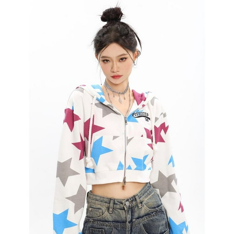 Y2k Printed Star Women Jacket American Hot Girl Double Zipper