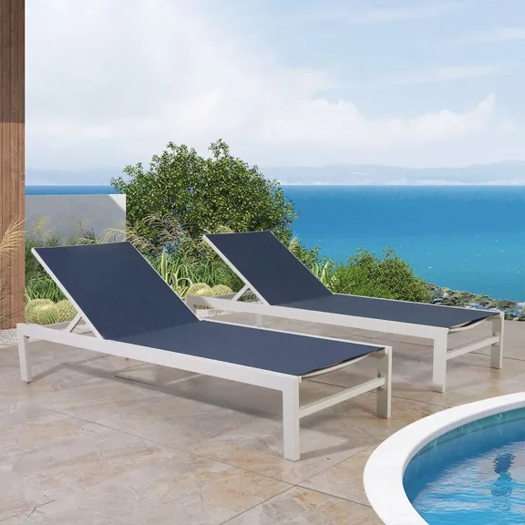 Iwicker Set of 2 Patio Aluminum Outdoor Chaise Lounge Chair, Sling Adjustable Patio Lounge Chair with Wheels for Outside, Navy