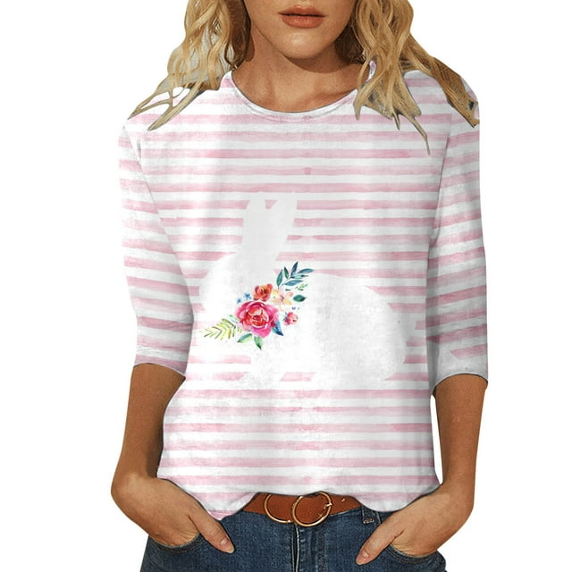 Outfmvch Chemises de Pâques pour Femmes, Blouses & Hauts, Manches 3/4 Hauts pour Femmes, T-Shirts Graphiques, T-Shirts Imprimés de Pâques Mignons Col Rond Manches Trois-Quarts, Chandails en Molleton Col Rond Femmes Rose TG