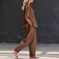 thumbnail image 5 of Bloomae Women's Casual 2 Piece Outfit Lightweight Cotton Linen V Neck Wrap Button Down Short Sleeve Top with Pockets Baggy Pants Trendy Solid Summer Lounge Set for Vacation Daily Wear Coffee XXXL, 5 of 9
