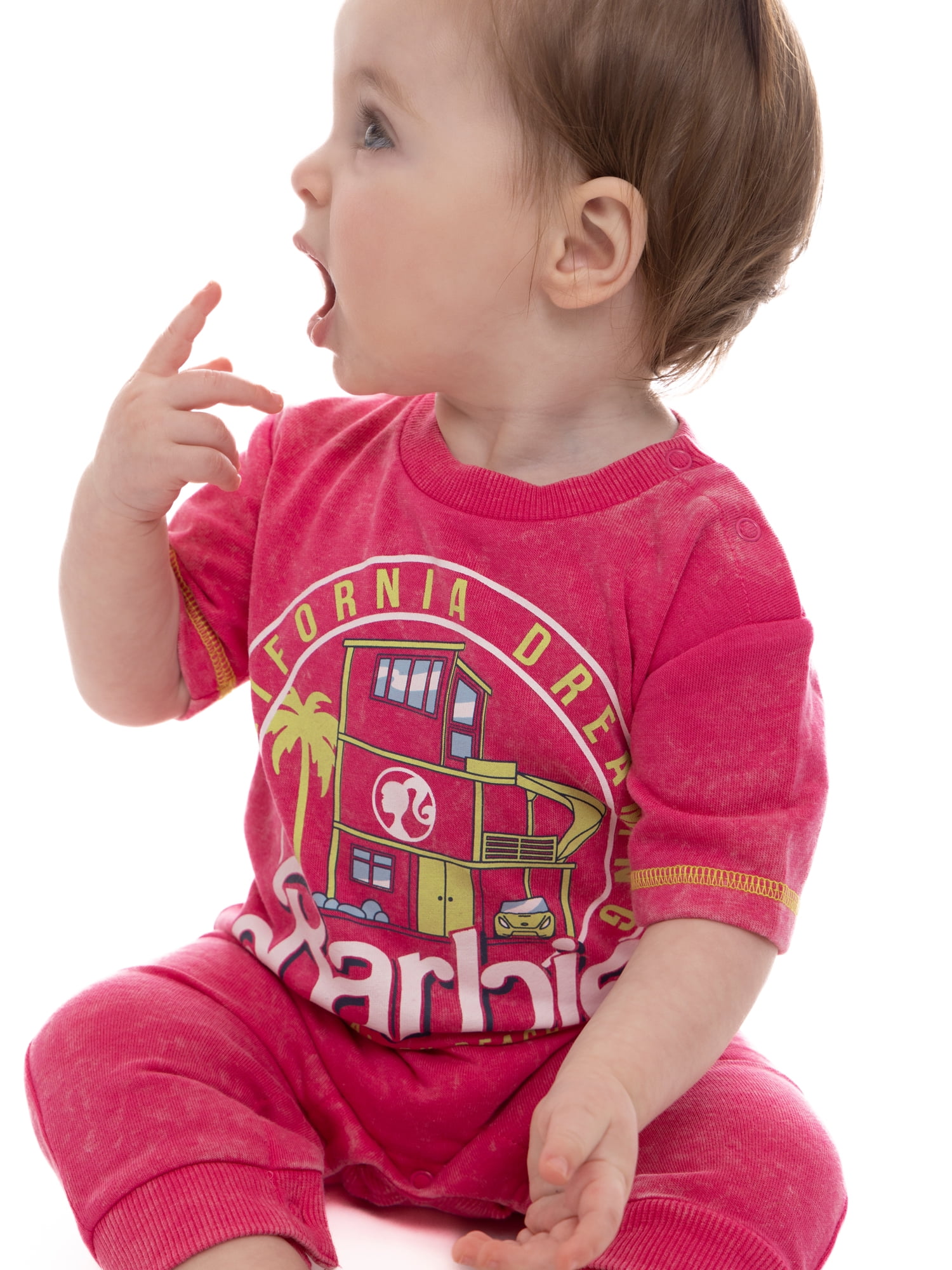 Barbie Baby Girl Mineral Washed Graphic Short Sleeve Romper, Sizes 0/3 Months- 24 Months