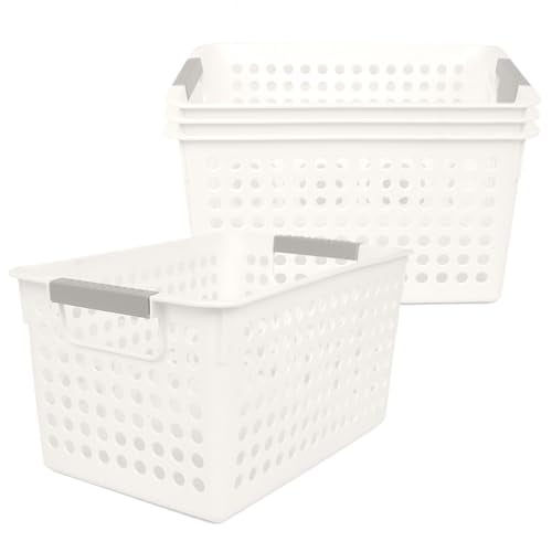 Plastic Storage Baskets,4 Pack Narrow Organizing Baskets White Storage Bins With Handles Kitchen Storage Containers,Plastic Organizing Bins For Desk Garage Cabinet,10.62 x 7.08 x 5.51 Inch