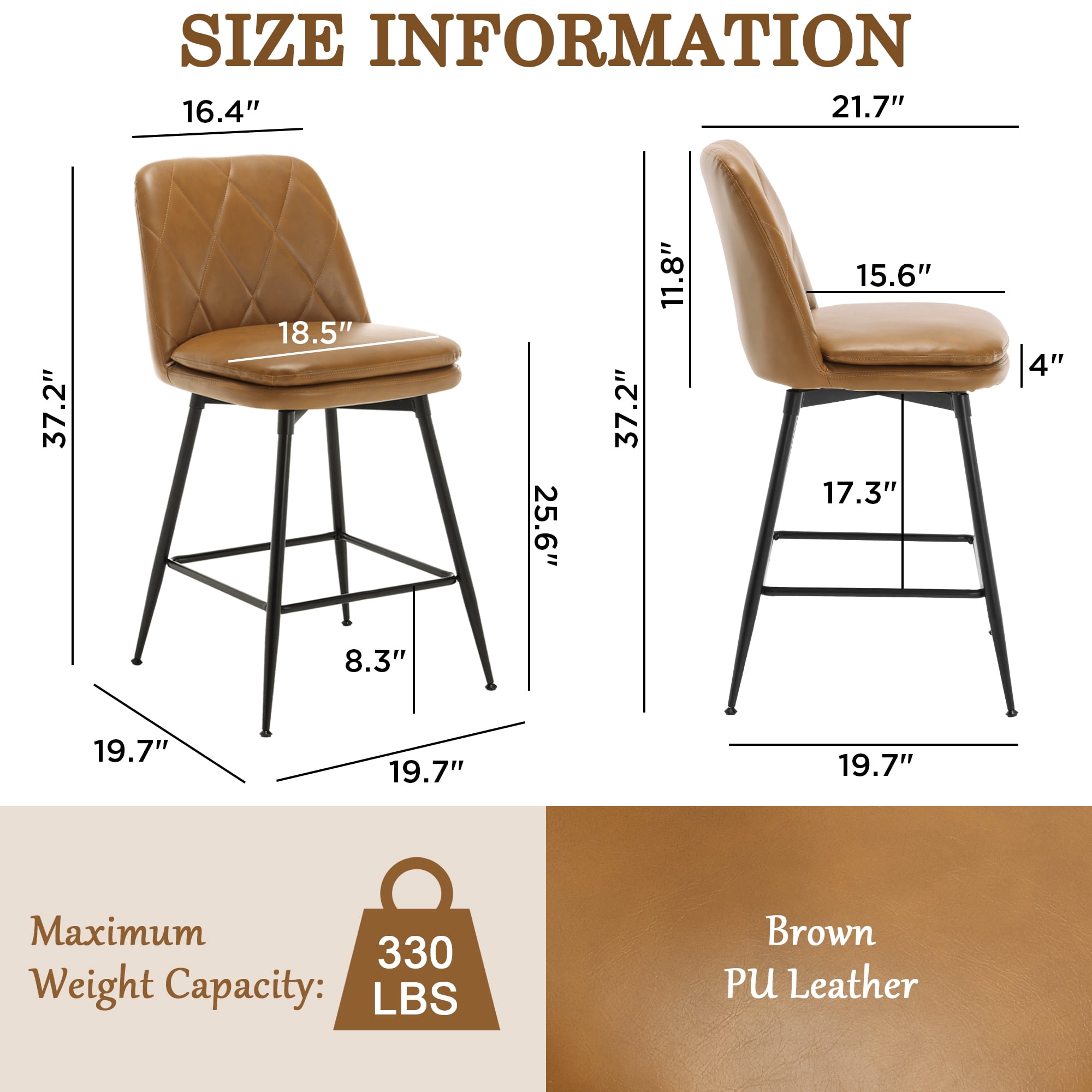 TEWLOSS 28" Bar Stools Set of 4 Swivel Barstools Faux Leather Kitchen Chairs, Brown