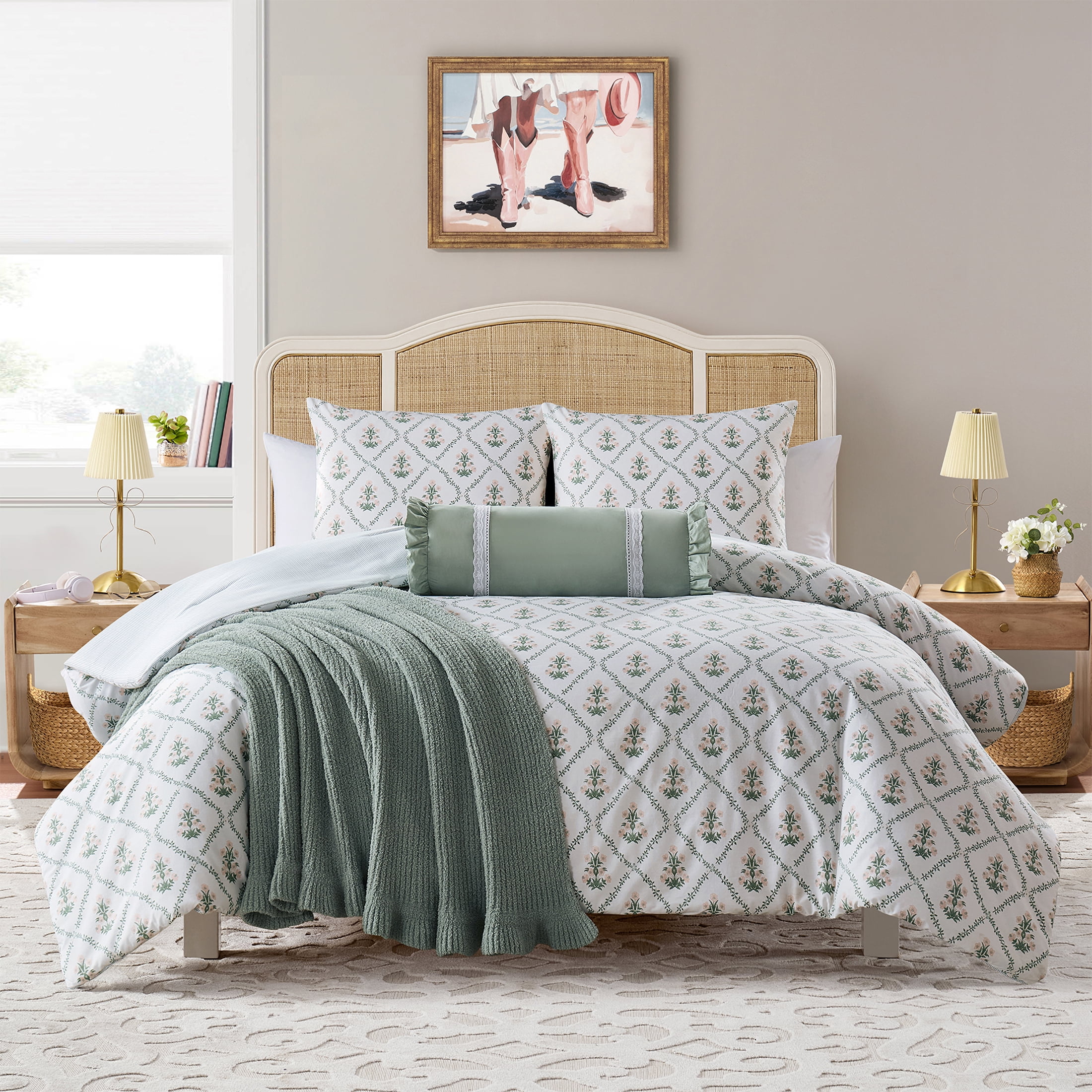 My Texas House Poppy Trellis 3-Piece Green/Pink Comforter Set, Full/Queen