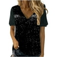 thumbnail image 2 of Feancey Clearance Sales Today Deals Prime Sparkly Tops for Women Sequin Splicing Velvet T Shirts Dressy Casual Short Sleeve V Neck Glitter Blouses Spring Summer Elegant Party Tee Shirts Black L, 2 of 7