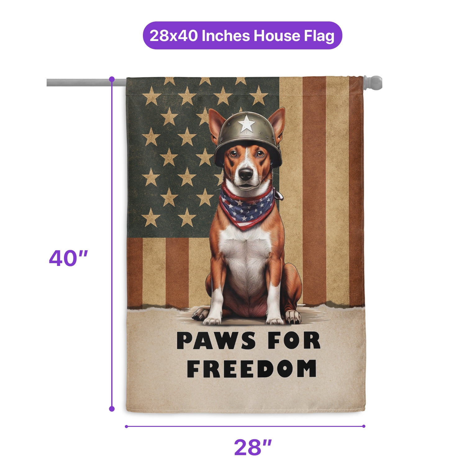 Freedom Paws Patriotic Basenji Vintage Memorial Day House Flag 28x40in Double Sided African Barkless Dog Lover Outdoor Decor - 12006