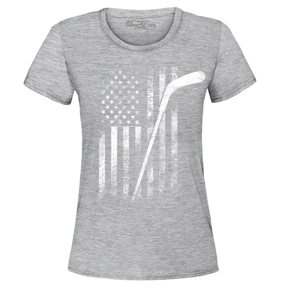 Shop4Ever Women's Distressed Hockey American Flag Patriotic Sports Graphic T-Shirt Large Sports Grey