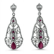 GENUINE RUBY 925 SOLID STERLING SILVER ANTIQUE STYLE FILIGREE EARRINGS #663