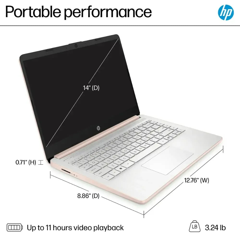 HP 14" Ultra Thin Laptop, Intel Quad-Core N150, 4GB RAM, 192GB (128GB eMMC+64GBSD Card), Windows 11 Pro, 1 Year Microsoft Office 365, Lightweight Notebook for Work or School, Gift Set(Rose Gold)