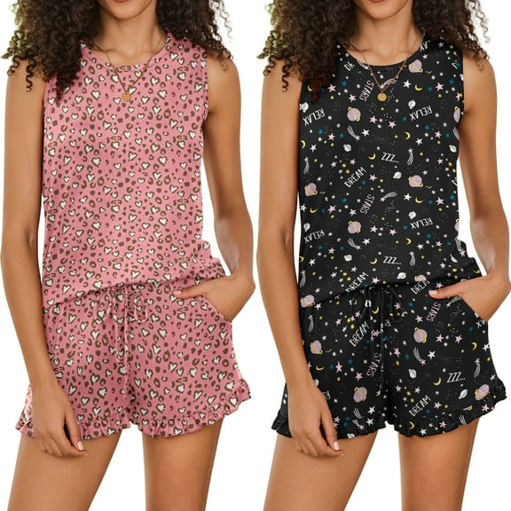 Avidlove 2 Pack Women's Pajamas Sets Tank Tops and Ruffled Shorts Sleepwear Comfy Sleeveless Pjs Nightwear with Pockets Loungwear
