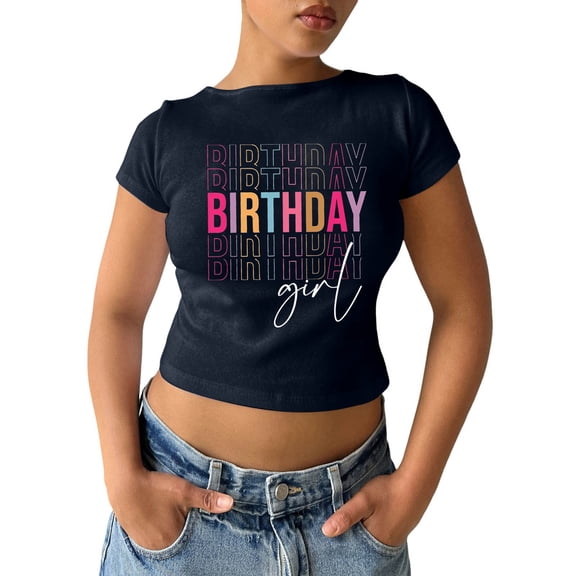 XIAONU Women's Birthday Letter Print Cropped T-Shirt Short Sleeve Crew Neck Pullover Tee Stretchy Playful Celebration T-Shirts