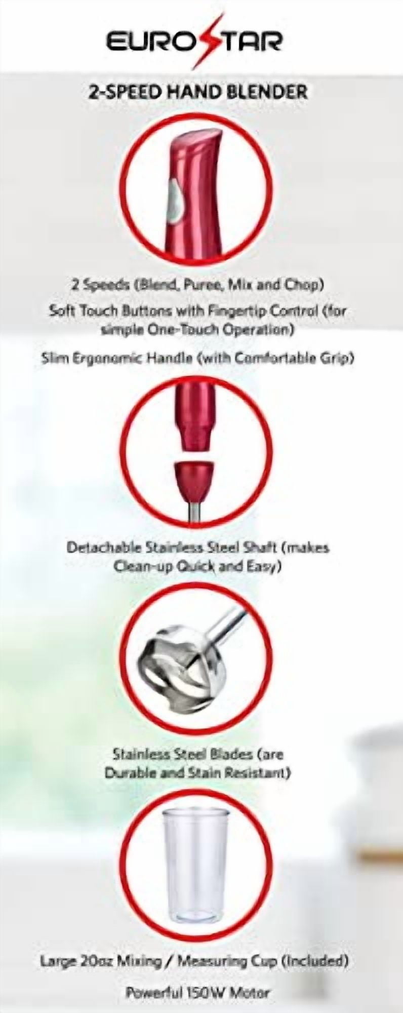 EUROSTAR EH441R 2-Speed Hand Blender with Stainless Steel Detachable Shaft, Red