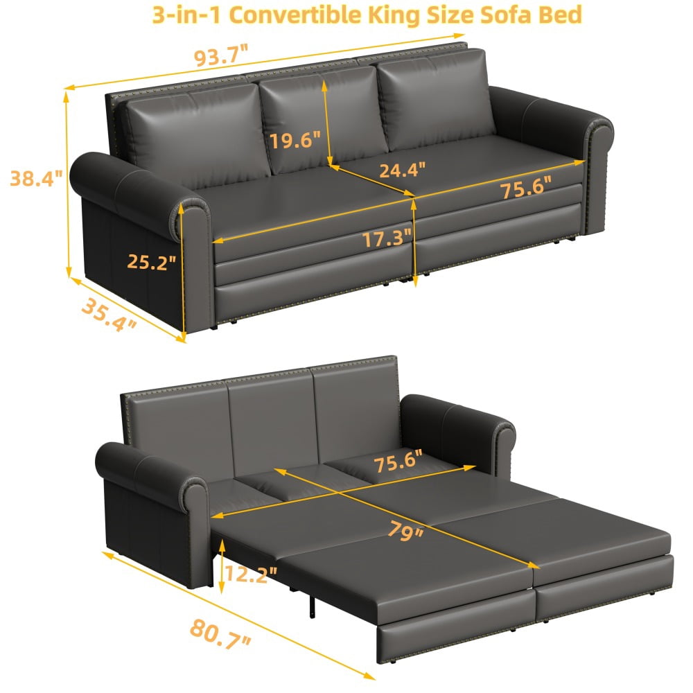 Chesterfield Sofa,93.7" King Pull Out Sofa Bed,3-in-1 Faux Leather Convertible Sleeper Sofa with Nailhead Trim & Rolled Arm,Multi-Functional Sofa Bed for Living Room,Bedroom, Grey