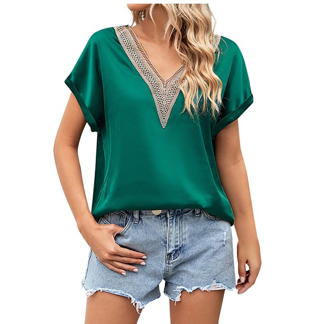 Birdeem Mode Femmes Été Col en V Dentelle Patchwork Manches Courtes Blouse Aguichant