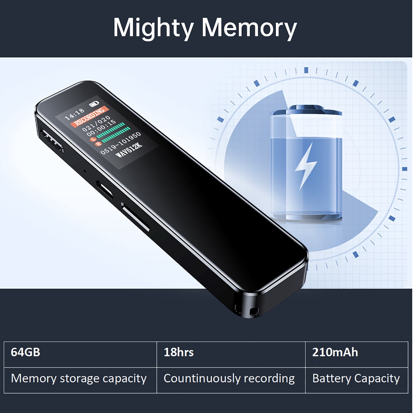 Hd 64GB Digital Voice Recorder Noise Reduction Record With Playback MP3 Music Player Activated Record 1536KBPS HD Recording Password  For Lectures Meetings Class