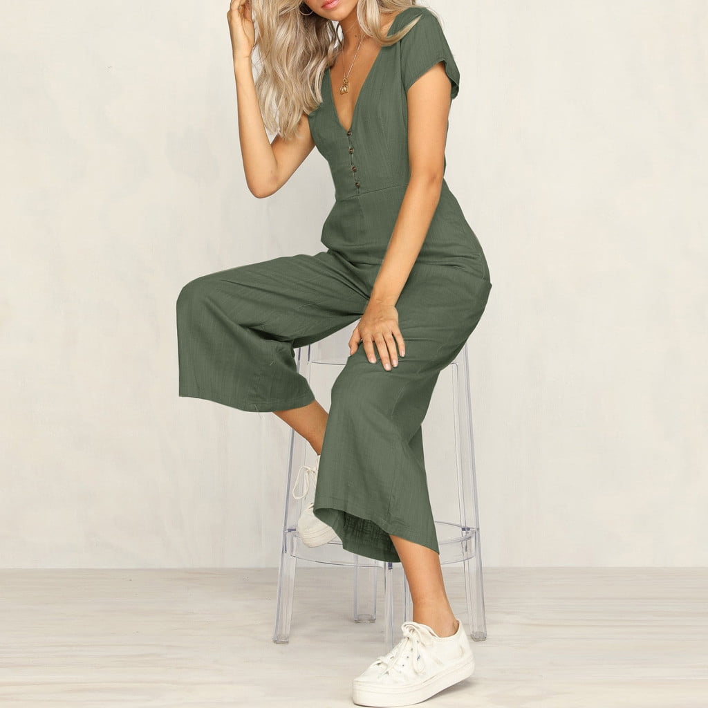 Roy&Chaney Women Cotton Linen Short Sleeve Jumpsuit Casual High