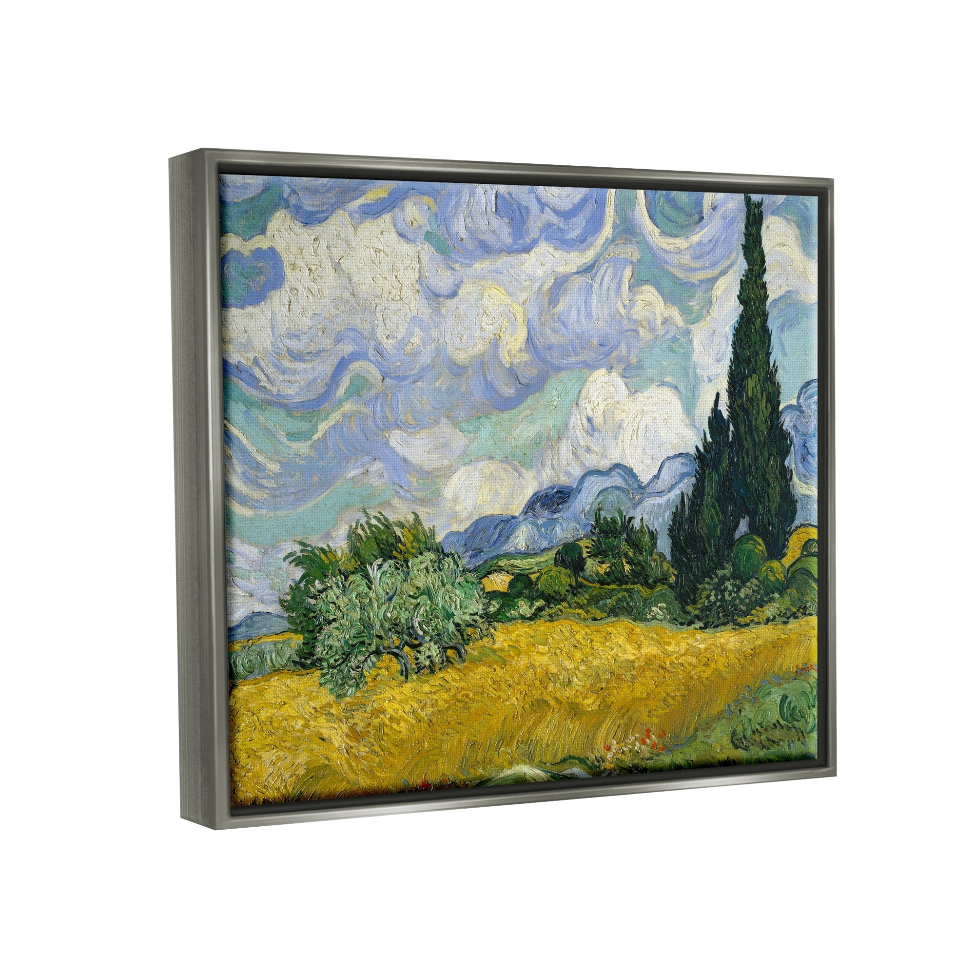 Stupell Industries Van Gogh Wheat Field with Cypresses Post Impressionist Painting Luster Gray Framed Floating Canvas Wall Art, 16x20, by Vincent Van Gogh