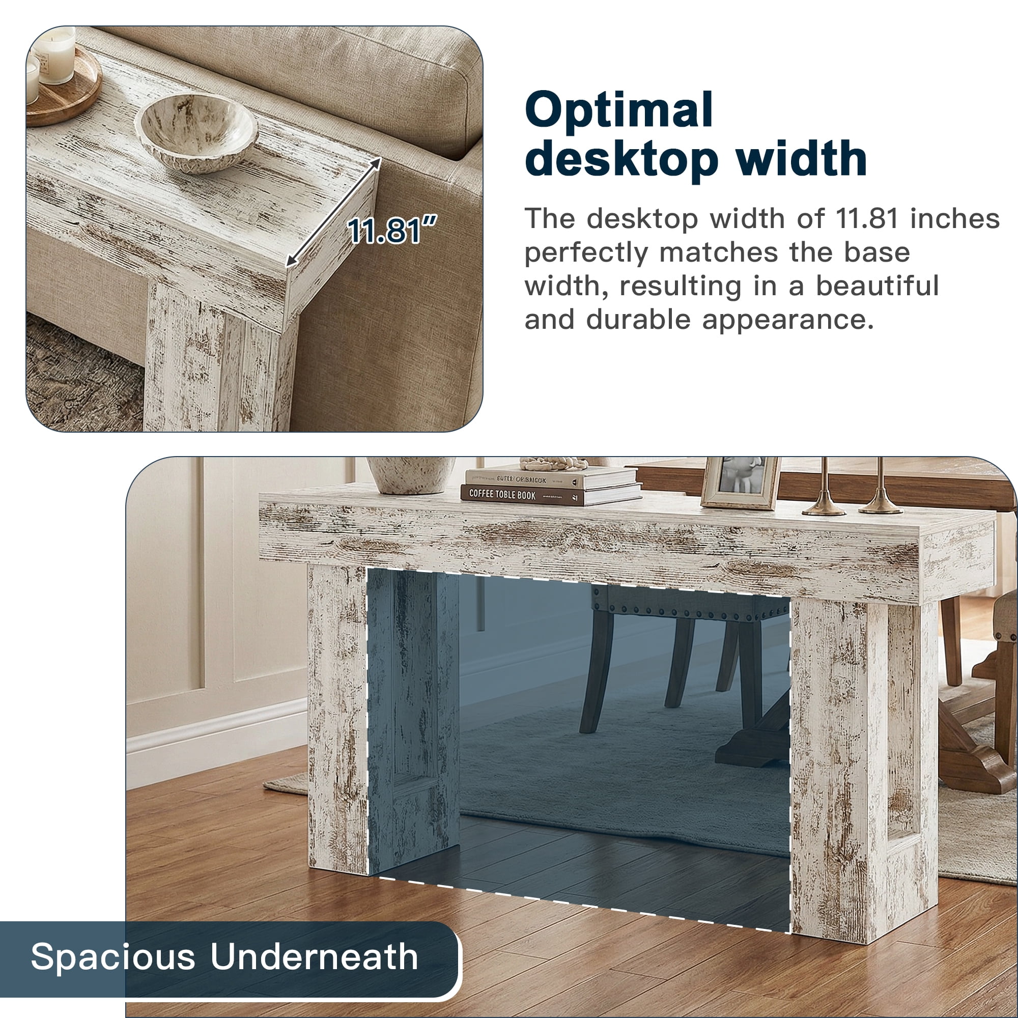 Demi Bonn 63" Console Table, Farmhouse Wooden Sofa Table Entryway Table for Hallway, Entrance, Living Room, Bedroom, Gray + White