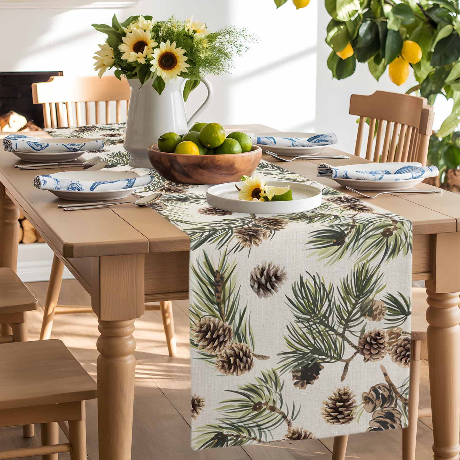 Brown Pine Cones Table Runner, Green Leaves Branch Vintage Linen Kitchen Table Runners Dress Scarves for Table Decorations Party/Restaurant/Indoor Outdoor Use, 13x90in