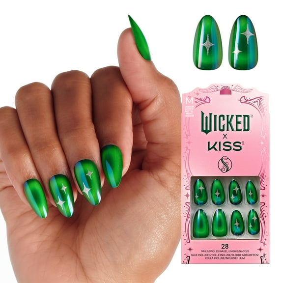 WICKED X KISS Press on Nails, I'm Not Afraid, Green, Medium Almond, 28 Count