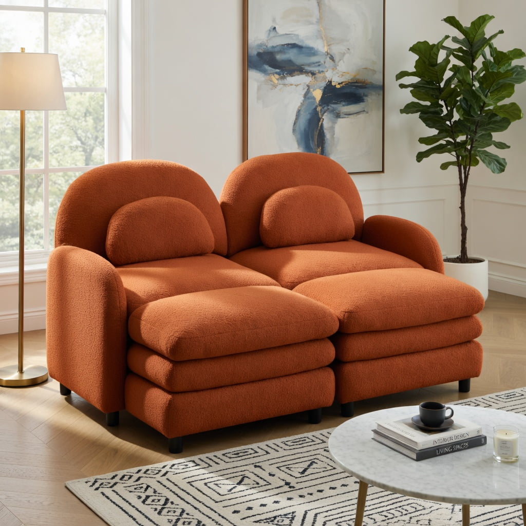 Hommoo Teddy Fleece 2-Seat Modular Sofa Set in Vibrant, Cloud-Like Double-Layer Cushions, Curved Backrest & Armrests, Includes 2 Movable Ottomans & Lumbar Pillows, Orange